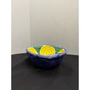 Handmade Ceramic Bowl - Colorful Trinket Dish, Blue Yellow Green Painted Pottery